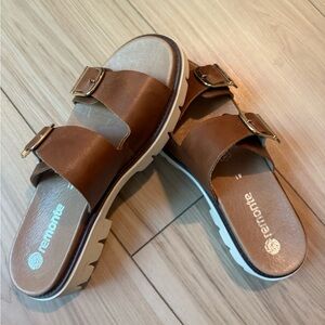 Remonte Tan Leather Slide Sandals